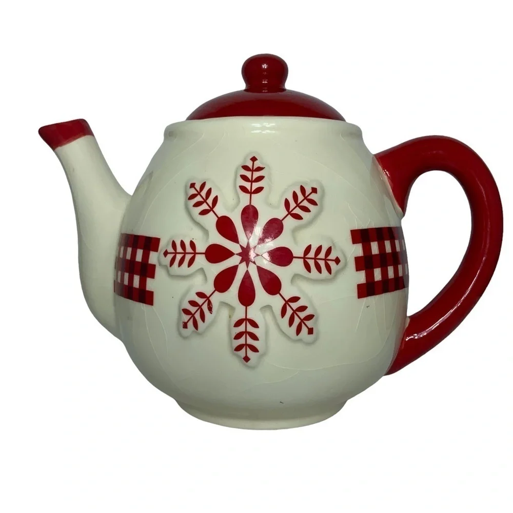 Teapot Folk Art Winter Gingham Buffalo Check Plaid Christmas Retired Red White